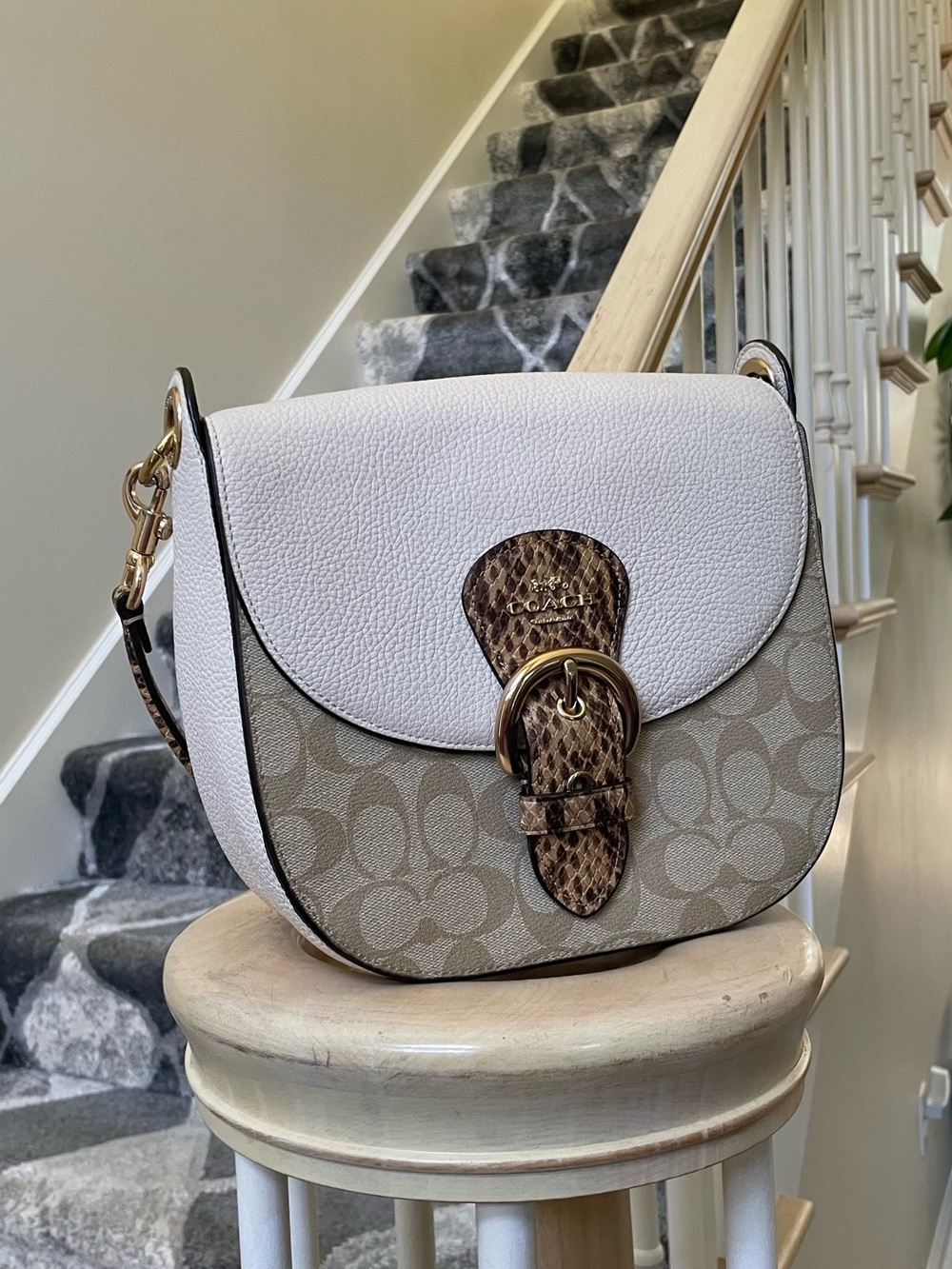 Coach Signature Saddle Crossbody in Chalk White and Khaki
